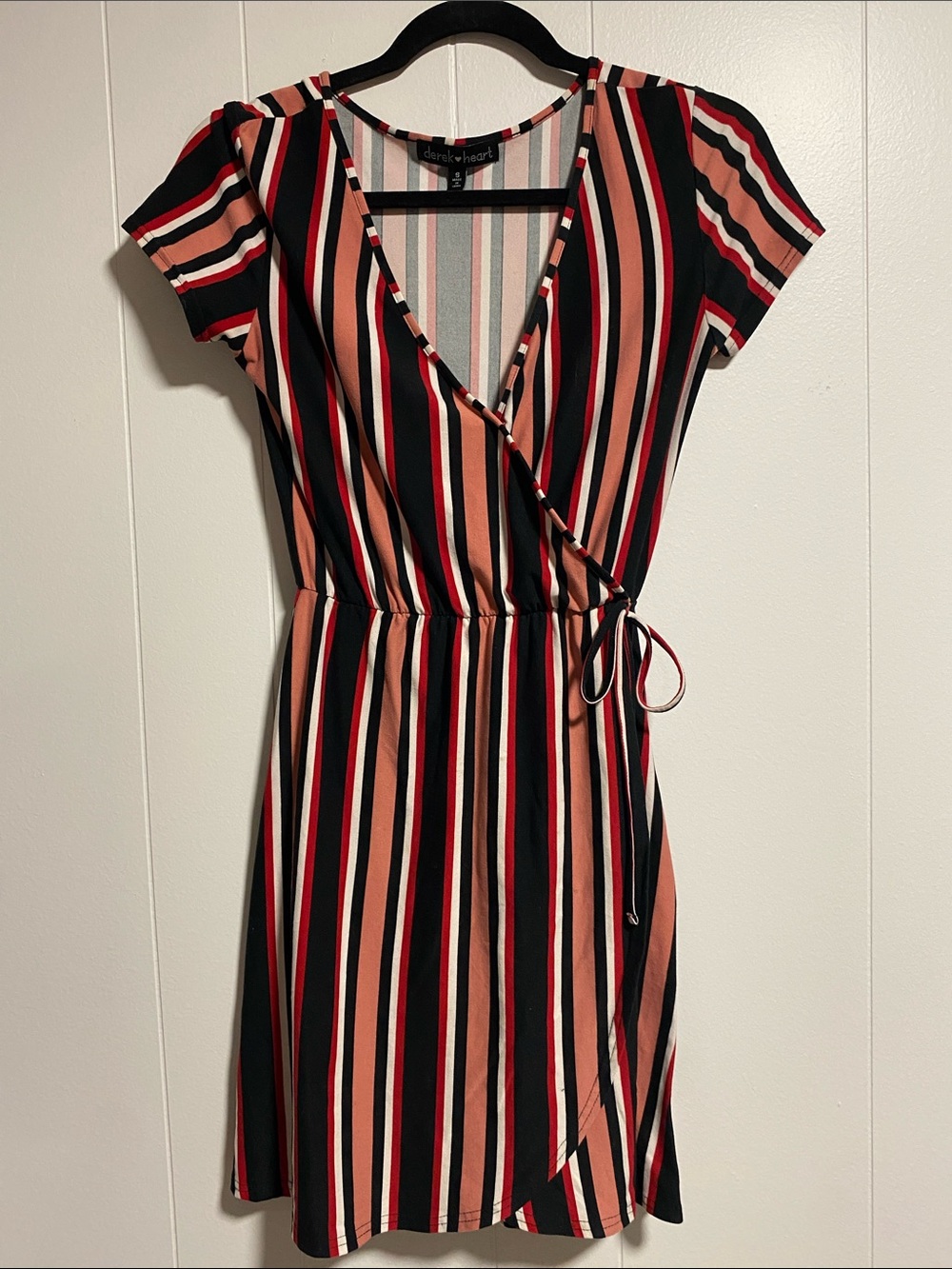 Womens Striped Wrap Dress - Black, Coral & White